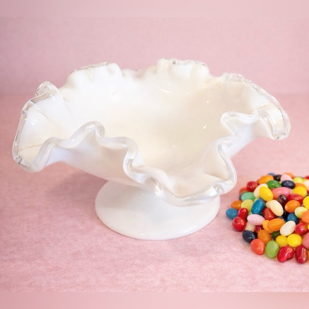 Vintage Fenton Silver Crest Milk Glass Pedestal Ruffled Edge Ribbon Bowl Compote